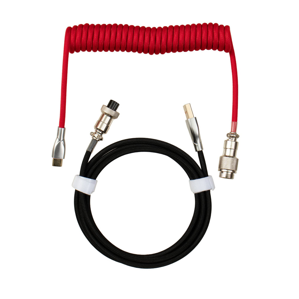 [Australia - AusPower] - 5.9ft Custom Coiled Pilot Cable Type C to USB-A with Detachable Aviation Connector for Mechanical Gaming Keyboard Black-red 