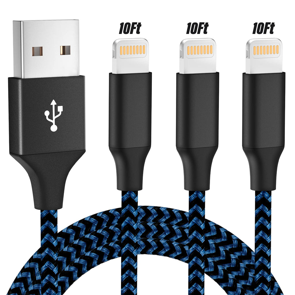 [Australia - AusPower] - iPhone Charger Mfi Certified Lightning Cable 3Pack 10FT Nylon Braided iPhone Charger Cable Fast Charging Syncing Long Cord Compatible iPhone 12/Max/11Pro/11/XS/Max/XR/X/8/8P/7 - BlackBlue 