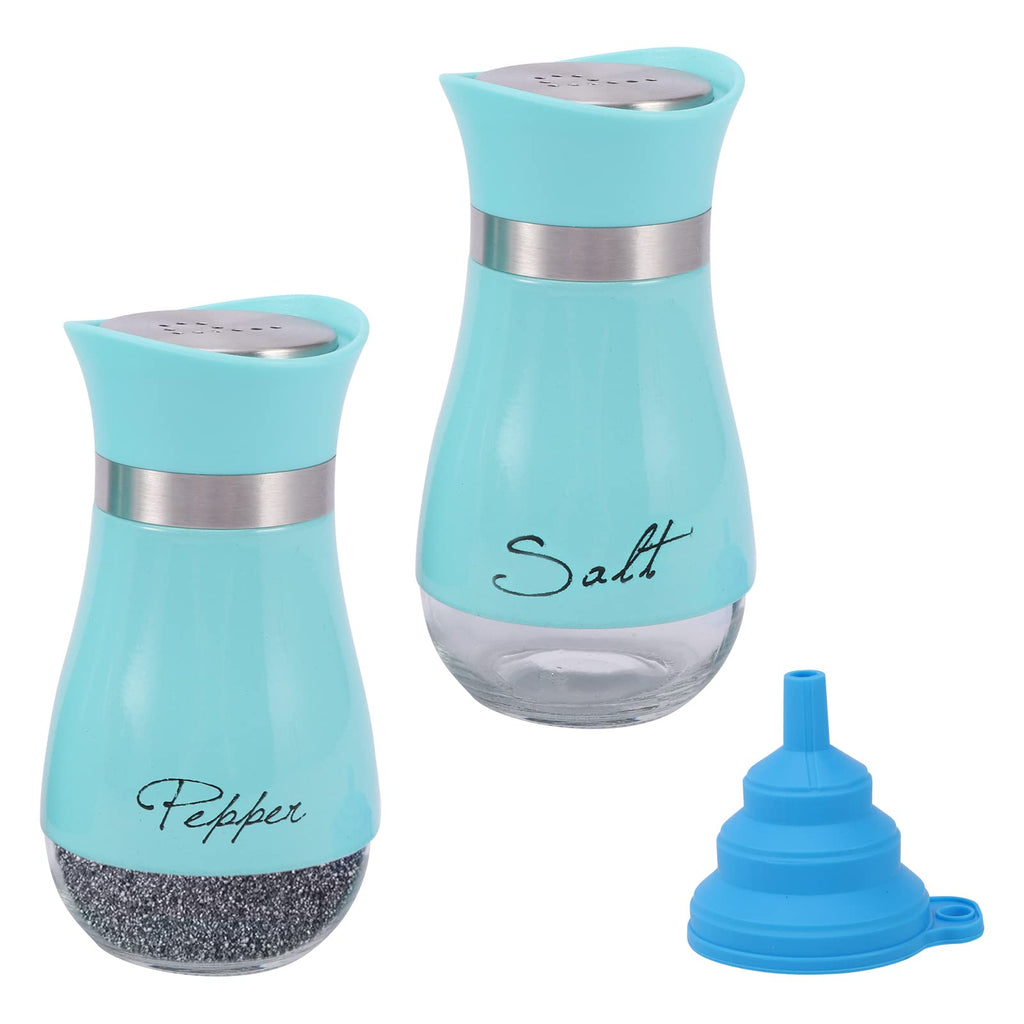 [Australia - AusPower] - 2Pcs Salt and Pepper Shakers Set, Cute Glass Spice Shakers Refillable Salt Dispenser, Teal Farmhouse Spice Dispenser with Air-Tight Stainless Steel Lid for Home Cooking Camping BBQ 