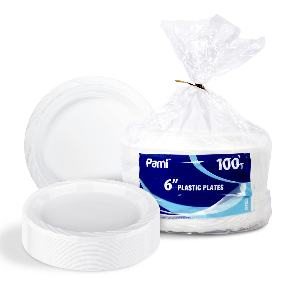 [Australia - AusPower] - PAMI Premium Disposable Plastic Plates [Pack of 100] - 6” White Party Plates For Dinner Desserts Appetizers- Heavy-Duty Microwavable Plates In Bulk For Any Occasion- Elegant Plastic Dinnerware Set 6'' 