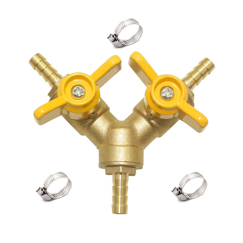[Australia - AusPower] - Hooshing Brass 3 Way Shut Off Valve 1/4" Hose Barb 2 Switch Y Shaped Ball Valve with Stainless Clamps for Water Fuel Air 