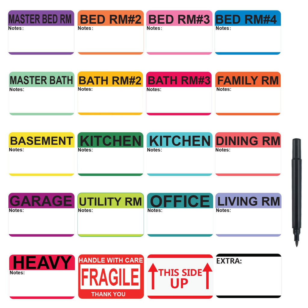 [Australia - AusPower] - 500 pcs 20 Designs Home Moving Labels for Boxes/Packing Labels for Moving Boxes with Mark Pen,Moving Stickers for Boxes Color Coded (2” x 3”)Box Labels for Moving with Writable Notes Areas 