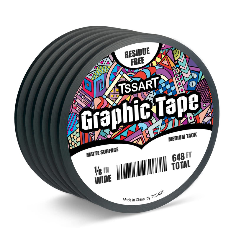 [Australia - AusPower] - TSSART 6 Pack Matte Graphic Tape - 1/8 inch Whiteboard Tape with Strong Adhesive, Black Chart Line Tape Pin Striping Marking Tapes Art Tape - 108FT Long Per Roll 