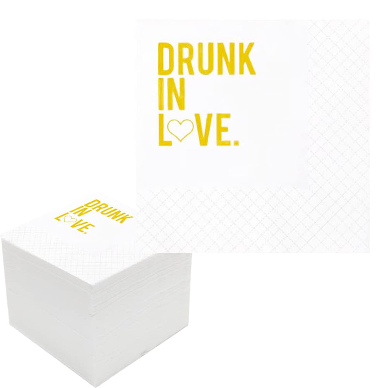 [Australia - AusPower] - Geloar Drunk In Love Cocktail Napkins, 100 Pack Gold Drunk In Love Party Supplies Disposable Paper Luncheon Napkins in Bulk for Bridal Shower Engagement Wedding Bachelorette | 2-Ply, 5x5 Inches 