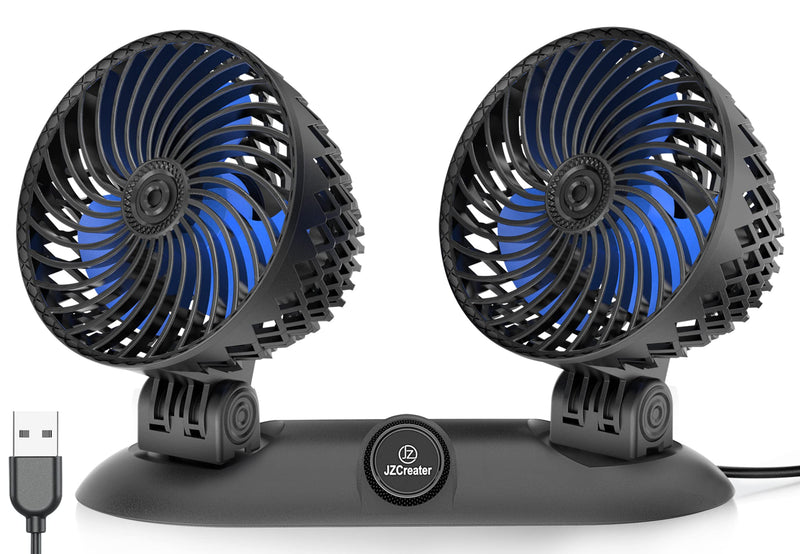 [Australia - AusPower] - JZCreater USB Fan for Car, Dual Head Fan with Variable Speed, Small Car Fan, Rotation Strong Wind, USB Personal Mini Fan for Dashboard SUV RV Truck Sedan Home office, Black Blue 