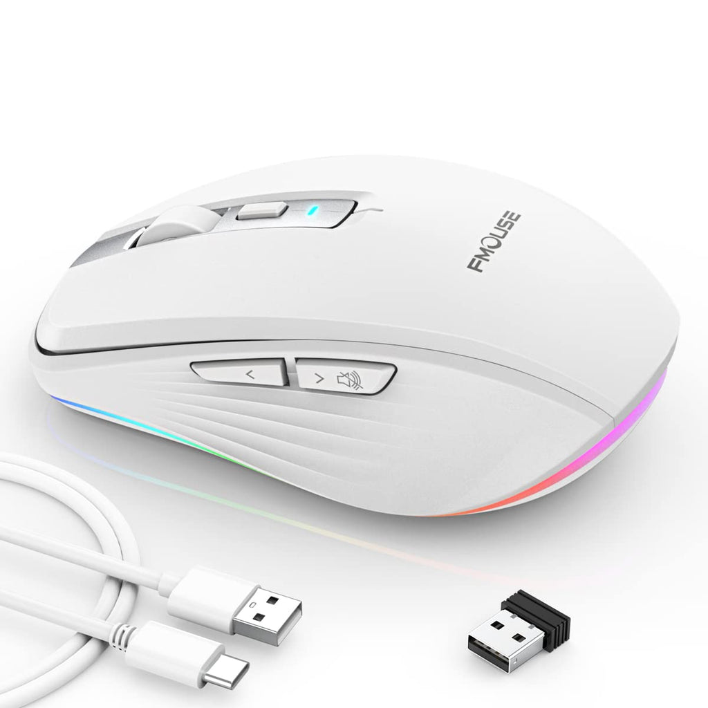 [Australia - AusPower] - FMOUSE Rechargeable Wireless Mouse, Silent Mouse with RGB Lights, 2.4G Wireless & Bluetooth 5.1 Dual Mode 2400 DPI USB-C 700mAh Battery, Ergonomic Mouse for PC, Computer, Laptop, Desktop (White) White 