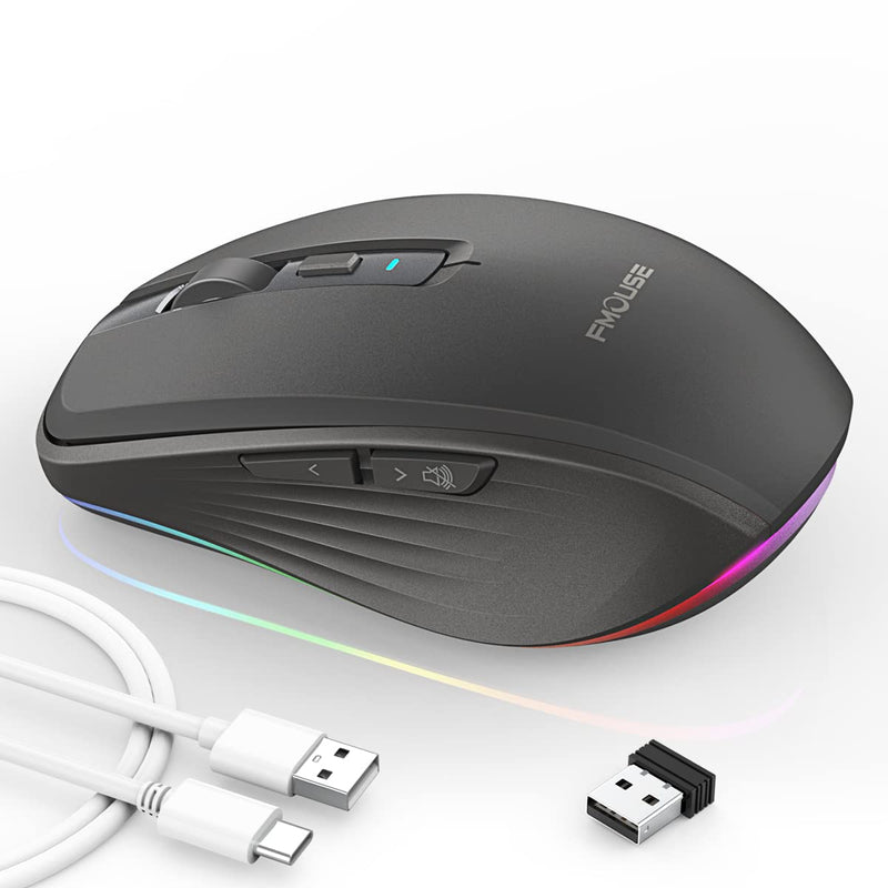 [Australia - AusPower] - FMOUSE Rechargeable Wireless Mouse, Silent Mouse with RGB Lights, 2.4G Wireless & Bluetooth 5.1 Dual Mode 2400 DPI USB-C 700mAh Battery, Ergonomic Mouse for PC, Computer, Laptop, Desktop (Black) Black 