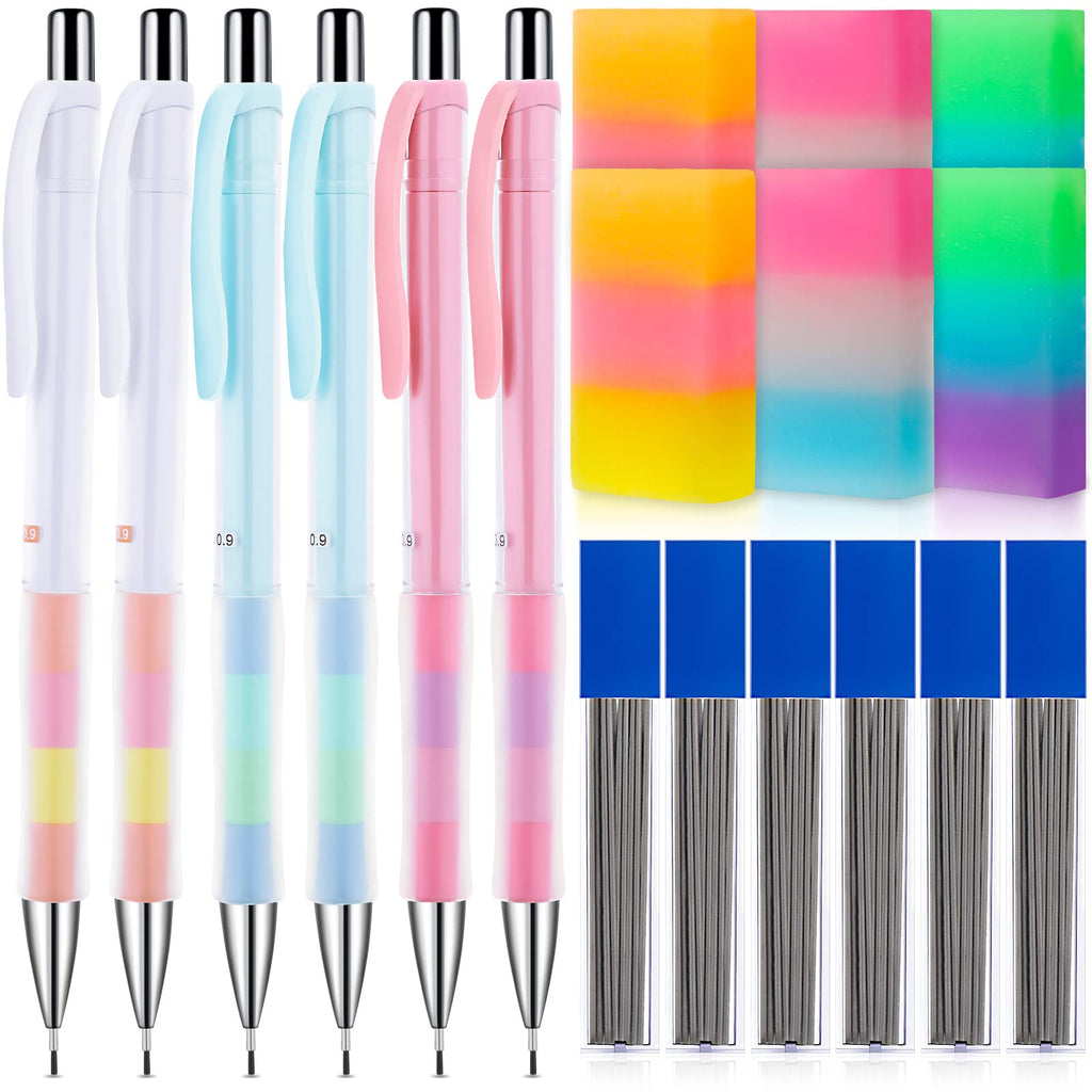 [Australia - AusPower] - 18 Pieces Mechanical Pencil Set Include 6 Pcs Fancy Mechanical Pencils 6 Tubes of 0.9 mm Refills 6 Pieces Jelly Erasers for Writing Draft, Drawing, Sketch, Architecture 
