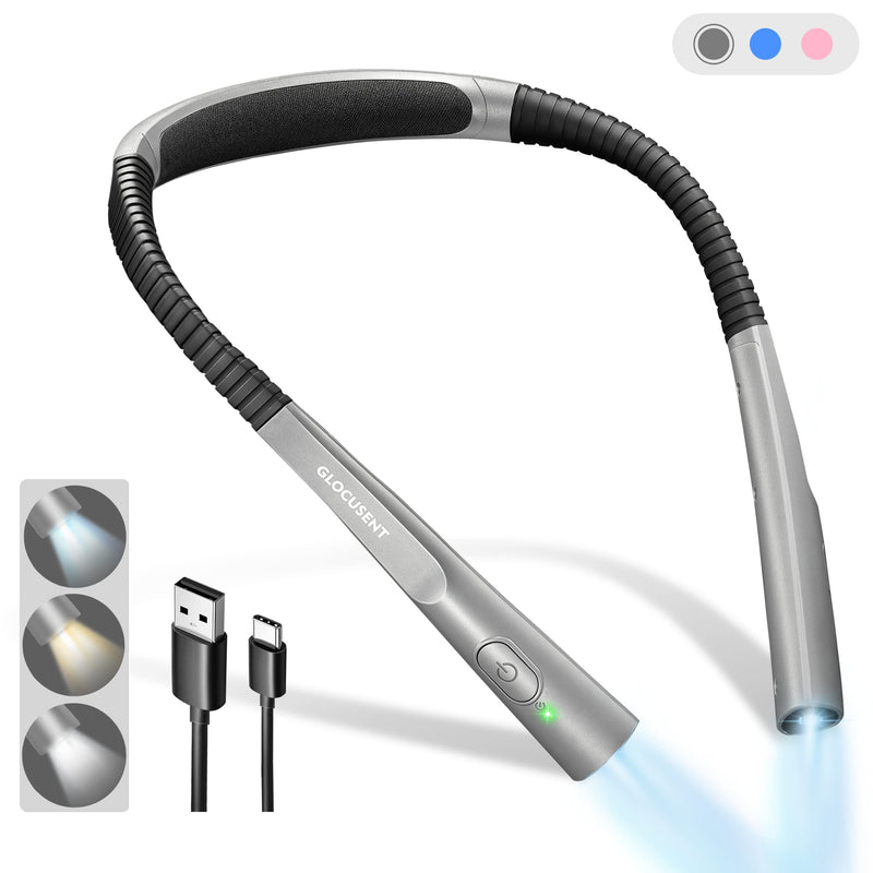 [Australia - AusPower] - Glocusent Upgraded LED Neck Reading Light, Eye Caring Book Light for Reading in Bed, 30-min Timer, 3 Colors & 3 Brightness, Rechargeable & Long Lasting, Perfect for Reading, Knitting & Repairing Upgrade-grey 