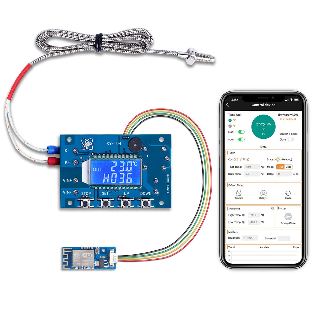 [Australia - AusPower] - 12V DC Digital Temperature Controller, WiFi APP Control High Temperature Control Module -99°C~999°C 24V Thermostat Control Switch Board with 10A One-Channel Relay Waterproof K-Type Thermocouple Probe 