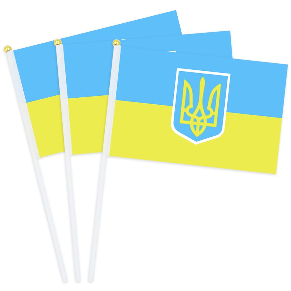 [Australia - AusPower] - 50pcs Ukraine Hand Held Flags, 5.5x8.3 Inch Ukrainian National Stick Flags Ukraine Hand Waving Mini Stick Flags for Outdoor Indoor Decoration Festival Parades Party Decor 