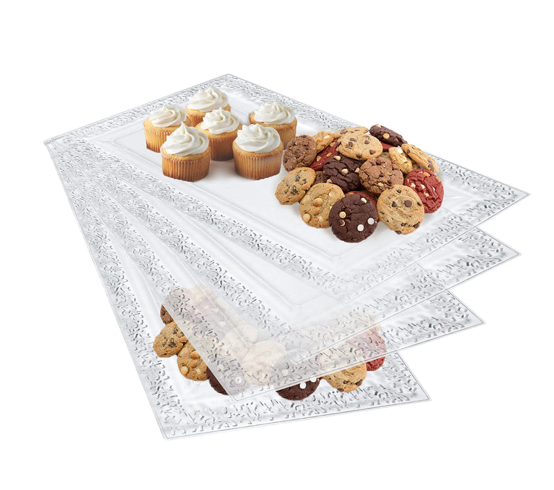 [Australia - AusPower] - 4 (pk) Yumchikel 14" x 7.5" Clear Lace Rim Plastic Serving Trays & Platters | Heavy Duty Disposable Decorative Dessert Tray - Party Platters for Upscale Parties Weddings Brand: Yumchikel 