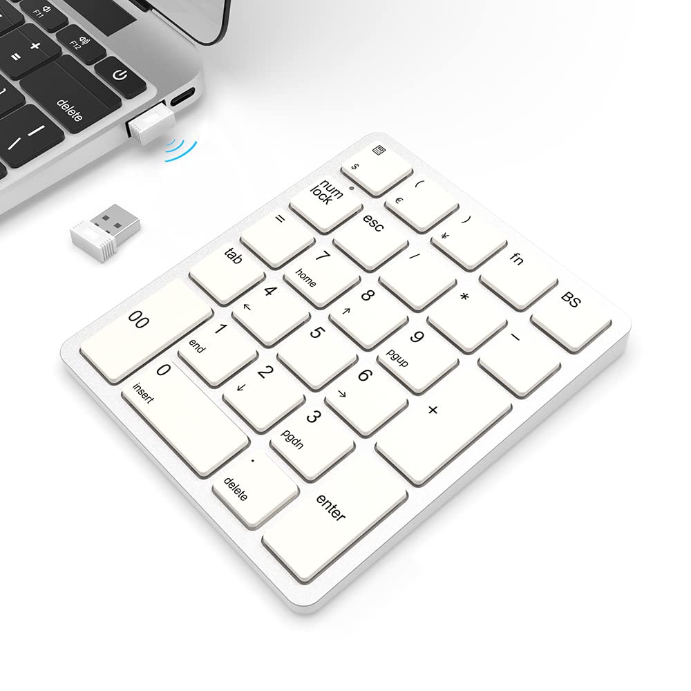 [Australia - AusPower] - Wireless Number Pads, Numeric Keypad Numpad 26 Keys Portable 2.4 GHz Financial Accounting Number Keyboard Extensions 10 Key for Laptop, PC, Desktop, Surface Pro, Notebook (White) White 