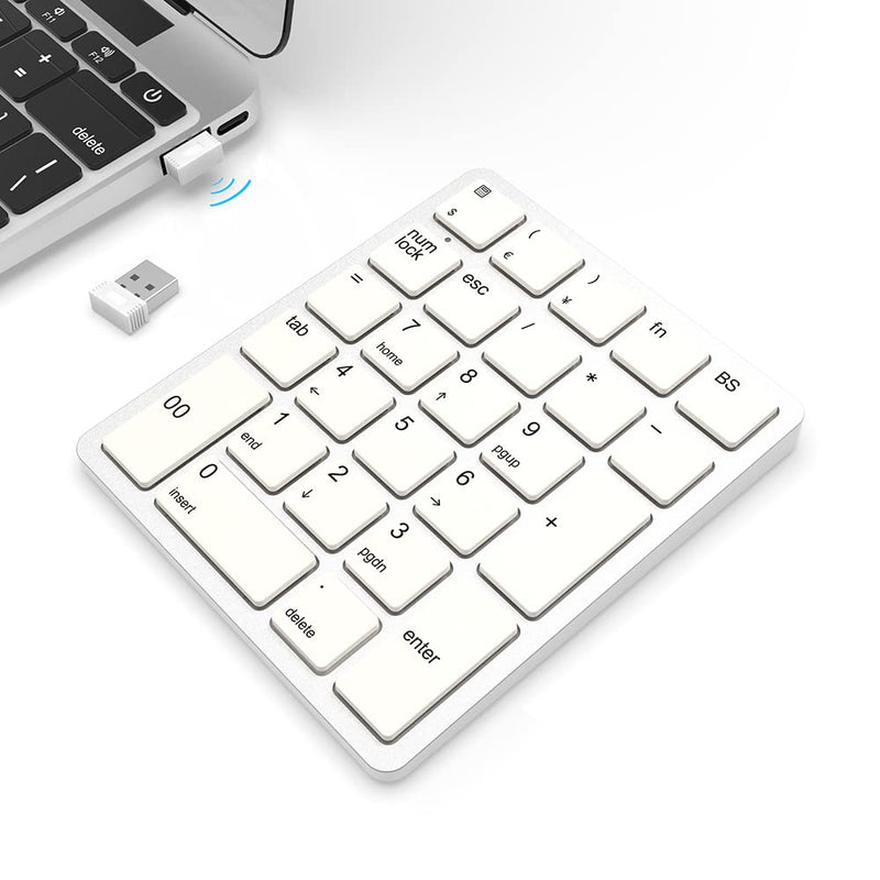 [Australia - AusPower] - Wireless Number Pads, Numeric Keypad Numpad 26 Keys Portable 2.4 GHz Financial Accounting Number Keyboard Extensions 10 Key for Laptop, PC, Desktop, Surface Pro, Notebook (White) White 