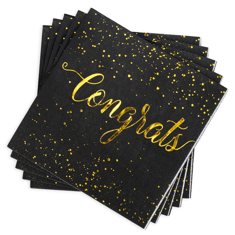 [Australia - AusPower] - Whaline 80 Pack Congratulations Paper Napkins 5 x 5 Inch Gold Foil Congrats Cocktail Napkins Black Graduation Party Disposable Beverage Napkins for Engagement Graduation Baby Shower Celebration Party 