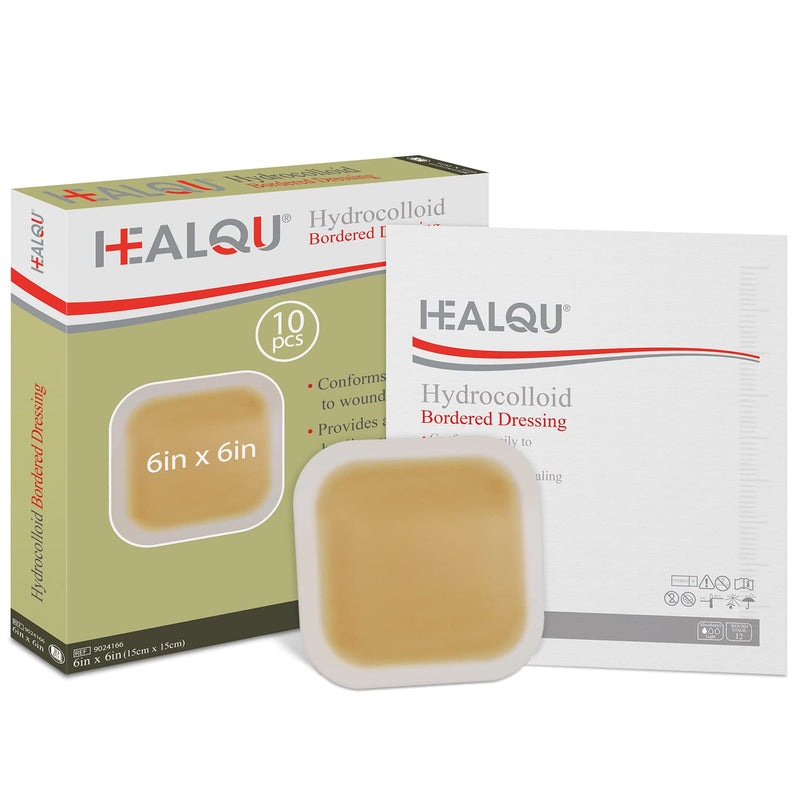 [Australia - AusPower] - Healqu Hydrocolloid Wound Dressing - 6x6" Box of 10 Large Bandages - Sterilized Bordered Hydrocolloid Patches for Bed Sores, Abrasions, and More - Waterproof and Absorbent with Protective 6x6" Bordered - Box of 10 