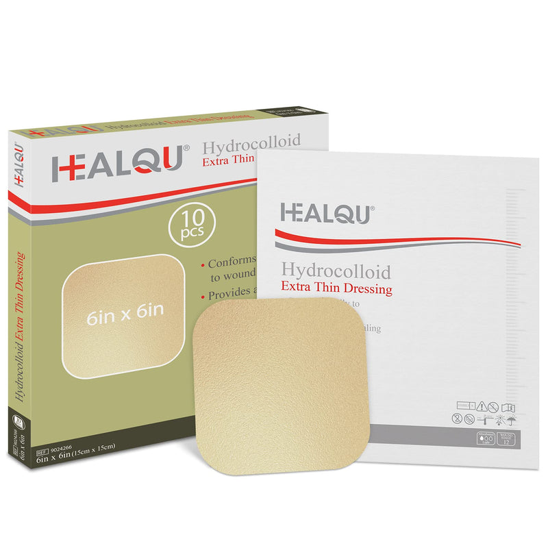 [Australia - AusPower] - Healqu Hydrocolloid Wound Dressing - 6x6" Thin - Box of 10 Large Bandages - Sterilized Bordered Hydrocolloid Patches for Bed Sores, Abrasions, and More - Waterproof and Absorbent with Protective 