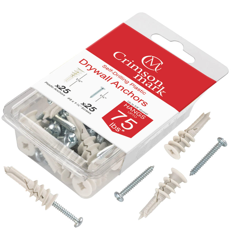[Australia - AusPower] - CrimsonMark 50Pcs Self Drilling Drywall Anchors and Screws kit #8 x 1-1/4- Superb Wall Anchors for Drywall, Holds Upto 75lbs  No Drill Hole Required with These Dry Wall Screws and Anchors 