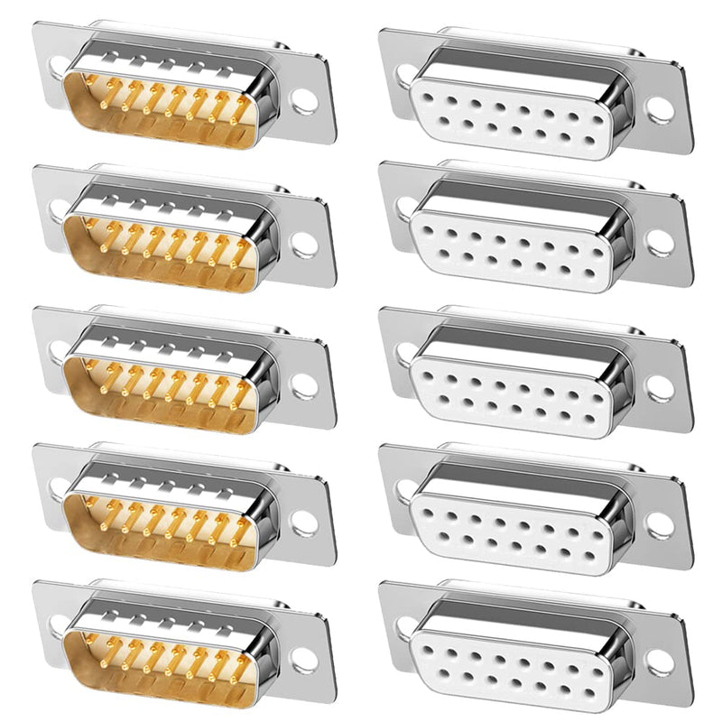 [Australia - AusPower] - Jienk 10PCS DB15 RS232 Serial D-SUB Solder Cup Connectors, Gold Plated Joints RS232 Serial Port 15Pin D Sub Couplers(Male x 5, Female x 5) 