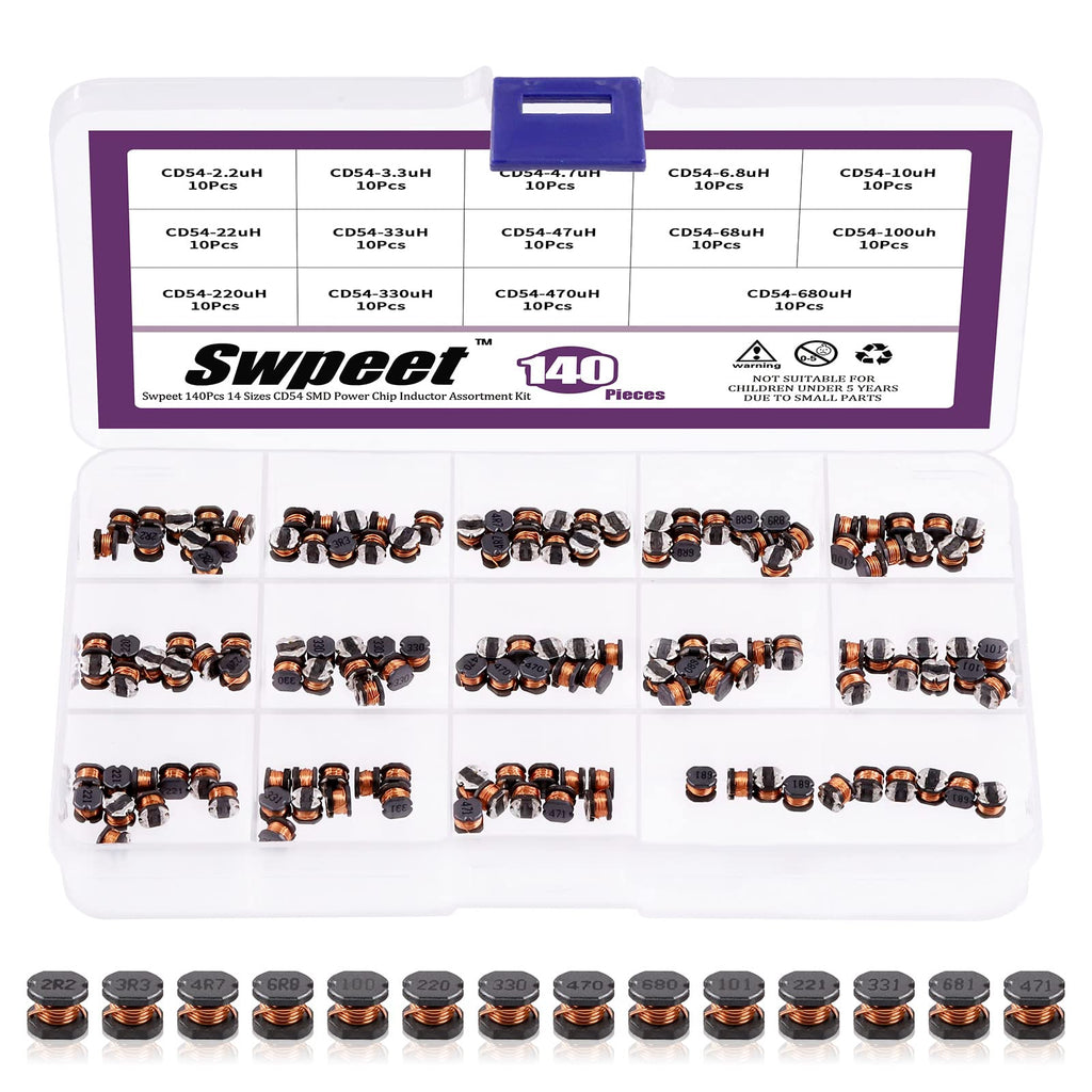 [Australia - AusPower] - Swpeet 140Pcs 14 Values 2.2UH - 680UH CD54 Wire Wound SMD Power Inductor Assortment Kit, 5.8mm Chip Inductors - 2.2UH 3.3UH 4.7UH 6.8UH 10UH 22UH 33UH 47UH 68UH 100UH 220UH 330UH 470UH 680UH 