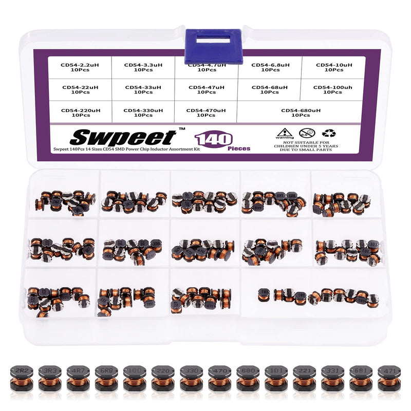 [Australia - AusPower] - Swpeet 140Pcs 14 Values 2.2UH - 680UH CD54 Wire Wound SMD Power Inductor Assortment Kit, 5.8mm Chip Inductors - 2.2UH 3.3UH 4.7UH 6.8UH 10UH 22UH 33UH 47UH 68UH 100UH 220UH 330UH 470UH 680UH 