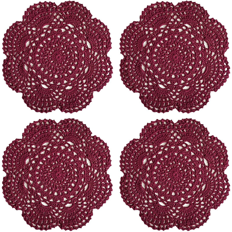 [Australia - AusPower] - 8 Inch Doilies Crochet Round Lace Doily Handmade Placemats 100% Cotton Crocheted Coasters, 4PCS (Wine Red) Wine Red 