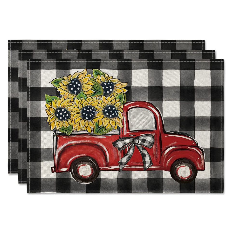 [Australia - AusPower] - Artoid Mode Buffalo Plaid Sunflower Truck Placemats for Dining Table, 12 x 18 Inch Summer Fall Decoration Rustic Vintage Washable Table Mats Set of 4 