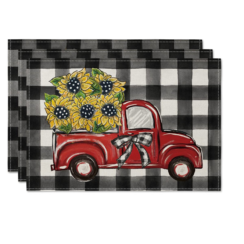 [Australia - AusPower] - Artoid Mode Buffalo Plaid Sunflower Truck Placemats for Dining Table, 12 x 18 Inch Summer Fall Decoration Rustic Vintage Washable Table Mats Set of 4 