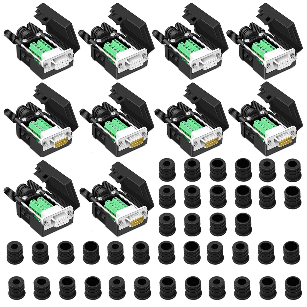 [Australia - AusPower] - ANMBEST 10PCS DB9 Breakout Connector, 5PCS Male + 5PCS Female DB9 Solderless RS232 D-SUB Serial to 9-pin Port Terminal Adapter Connector Breakout Board with Case Long Bolts Tail Pipe 5PCS Male Adapter + 5PCS Female Adapter 