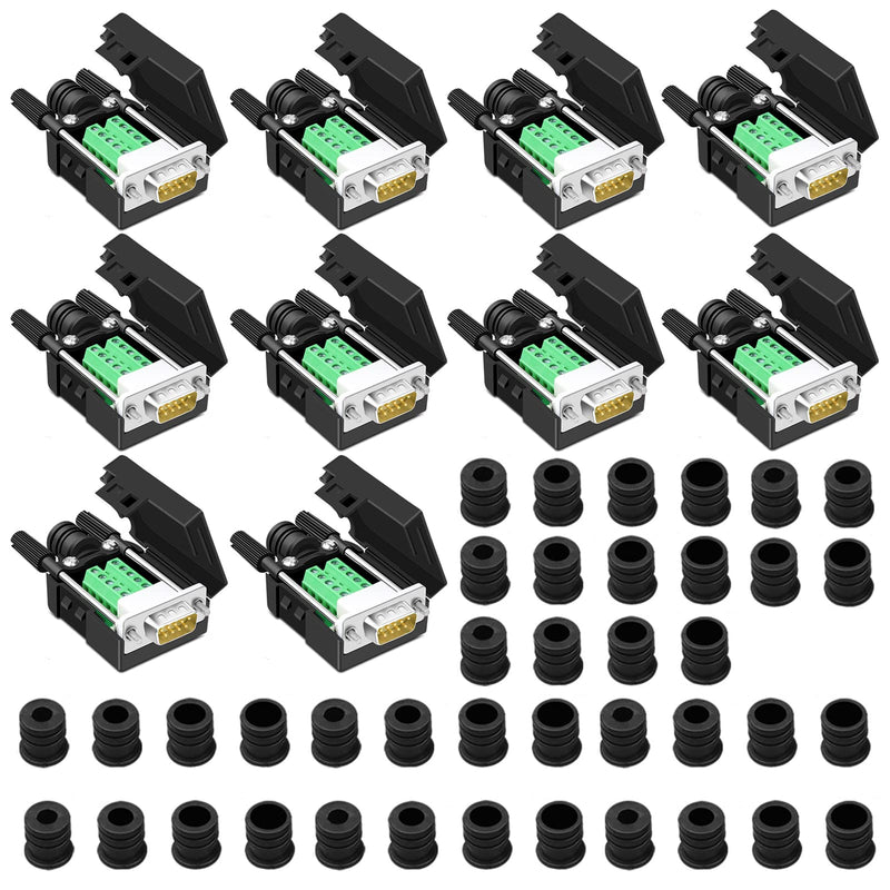 [Australia - AusPower] - ANMBEST 10PCS DB9 Male Breakout Connector,DB9 Solderless RS232 D-SUB Serial to 9-pin Port Terminal Adapter Connector Breakout Board with Case Long Bolts Tail Pipe 10PCS Male Adapter 