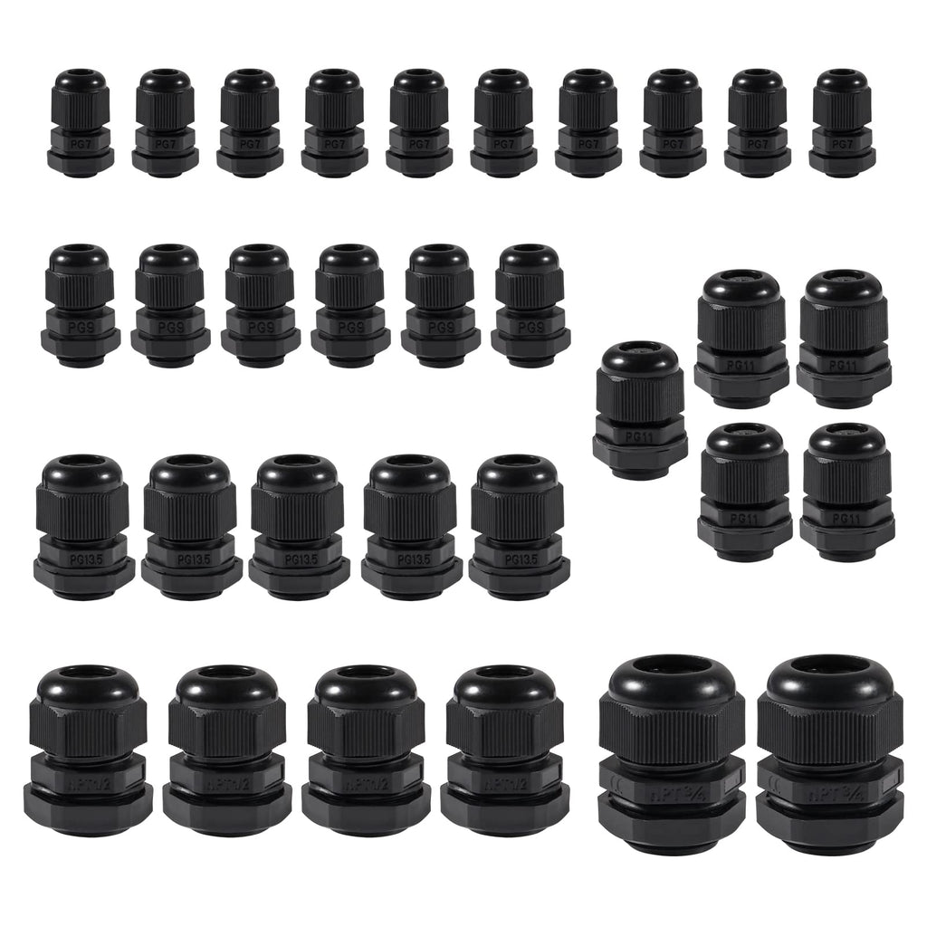 [Australia - AusPower] - AEDIKO 32pcs Cable Gland Kit Waterproof Adjustable 3-18mm Cable Connectors NPT 3/4" 1/2" PG7 PG9 PG11 PG13.5 Plastic Cable Gland Joints 