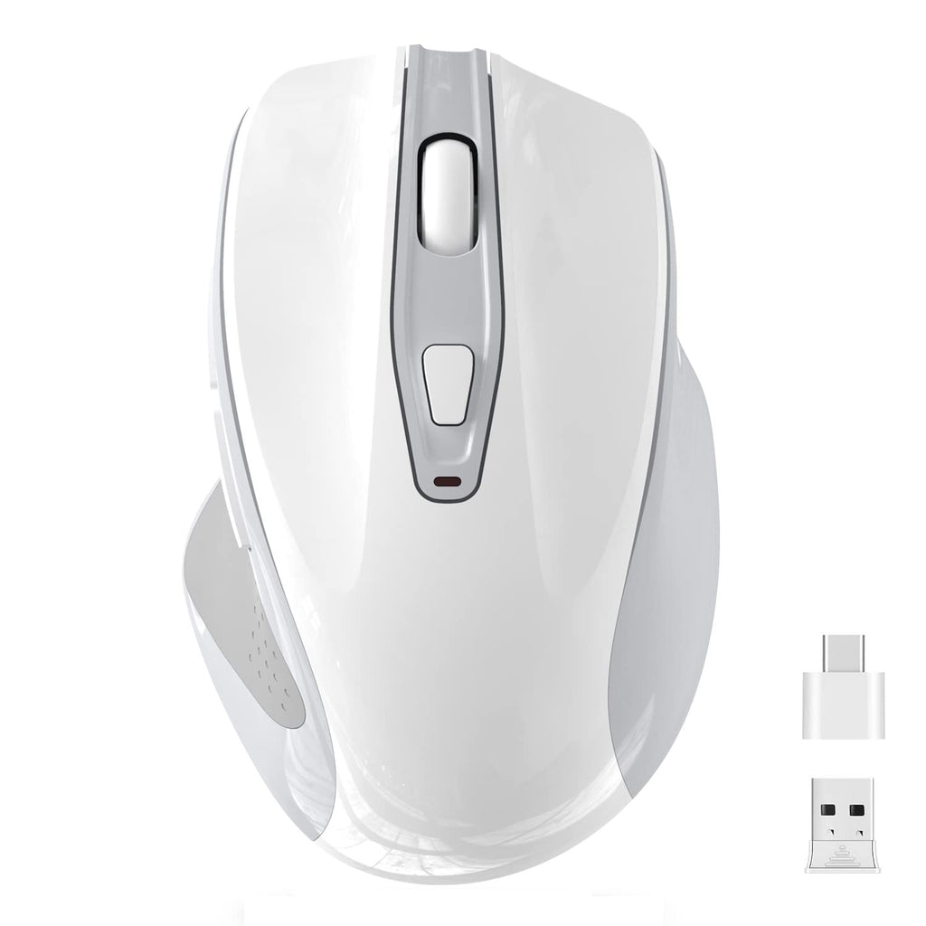 [Australia - AusPower] - Rechargeable Computer Wireless Mouse, 2.4G Portable USB Mouse Ergonomic Mouse with Nano USB and Type C Receiver Compatible with PC, Laptop, MacBook and All Type C Devices (White) 