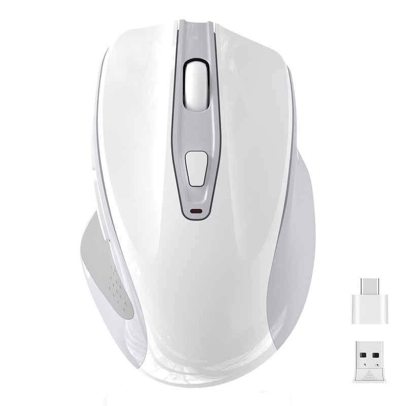 [Australia - AusPower] - Rechargeable Computer Wireless Mouse, 2.4G Portable USB Mouse Ergonomic Mouse with Nano USB and Type C Receiver Compatible with PC, Laptop, MacBook and All Type C Devices (White) 