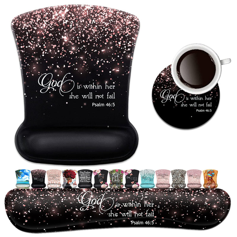 [Australia - AusPower] - Keyboard Wrist Rest Pad and Ergonomic Mouse Pad Wrist Support Set Psalm 46:5 God is Within Her,She Will Not Fall Rose Gold Black for Gaming,Office,Comfortable and Pain Relief with Coaster Set Fd-wristrest-2-12 
