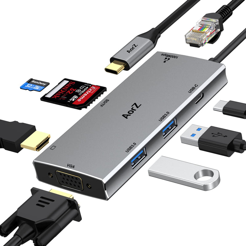 [Australia - AusPower] - USB C Hub, USB C Docking Station - 8 in 1 USB C Hub Multiport Adapter MacBook Pro Air Accessories with 100W PD, 4K HDMI, 1Gbps Ethernet, 2 USB 3.0 Ports, SD/TF Card Reader, 2K VGA, for Mac, XPS.. 