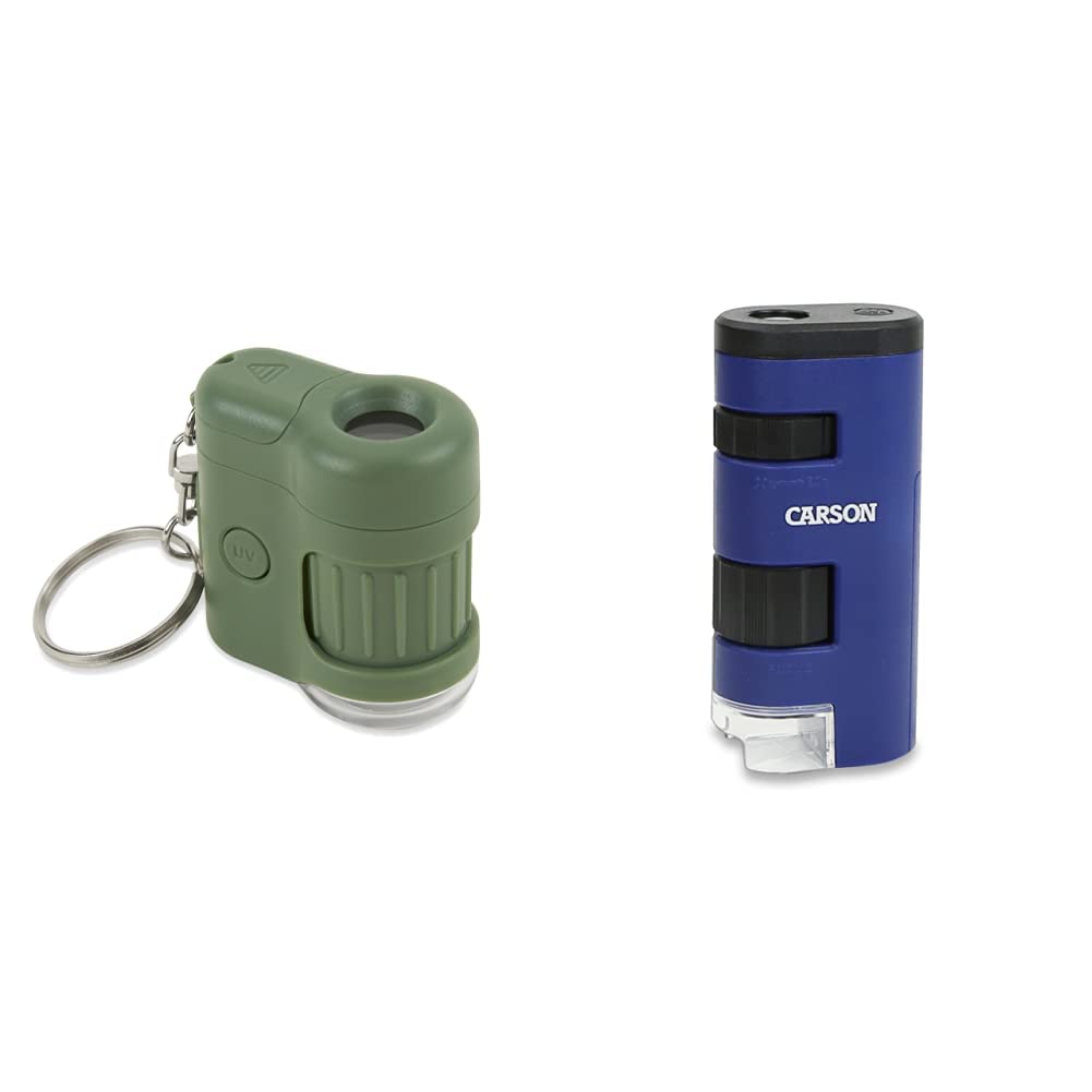 [Australia - AusPower] - Carson MicroMini 20x LED Lighted Pocket Microscope with Built-in UV and LED Flashlight - Green, Large & Pocket Micro 20x-60x LED Lighted Zoom Field Microscope with Aspheric Lens System (MM-450),Blue 