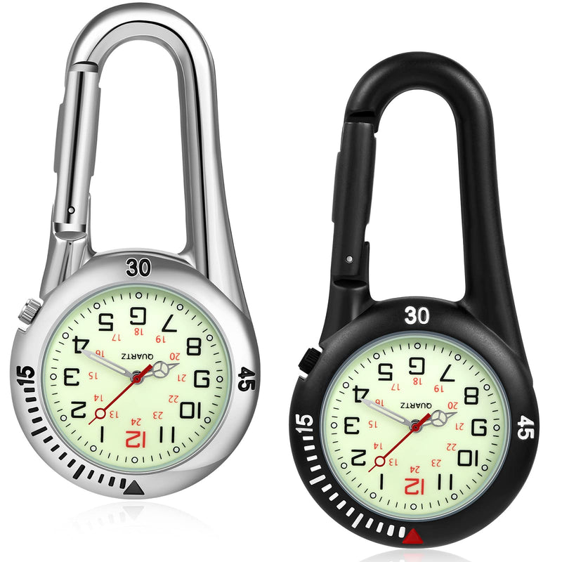 [Australia - AusPower] - 2 Pieces Clip on Quartz Watch Backpack Fob Belt Watch Glow in The Dark Unisex Pocket Watch with White Dial for Doctors Nurses Outdoor Activities Black, Silver 