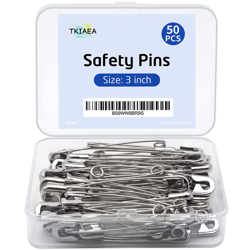 [Australia - AusPower] - Tkiaea 3 Inches Large Safety Pins, Pack of 50, Big Heavy Duty Safety Pins, Safety Pins Bulk, Stainless Steel Safety Pins Silver 3 inch 