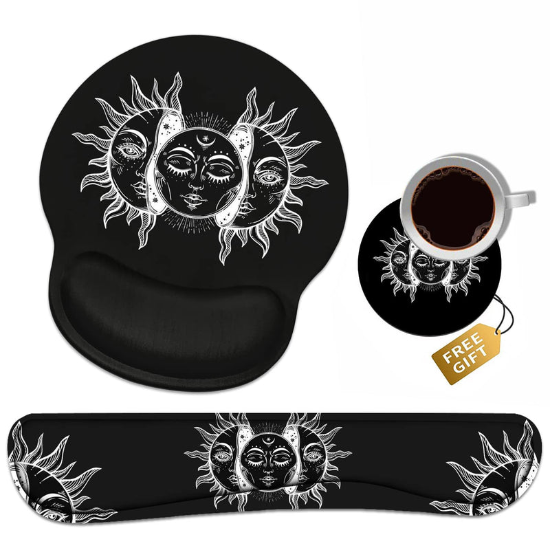 [Australia - AusPower] - Keyboard Wrist Rest + Mouse Pad Wrist Support Set with Coasters, Moon and Sun with Many Fractal Faces Celestial Energy Mystic Art Wrist Mouse Pad with Non-Slip PU Base for Home Office Working Studying 