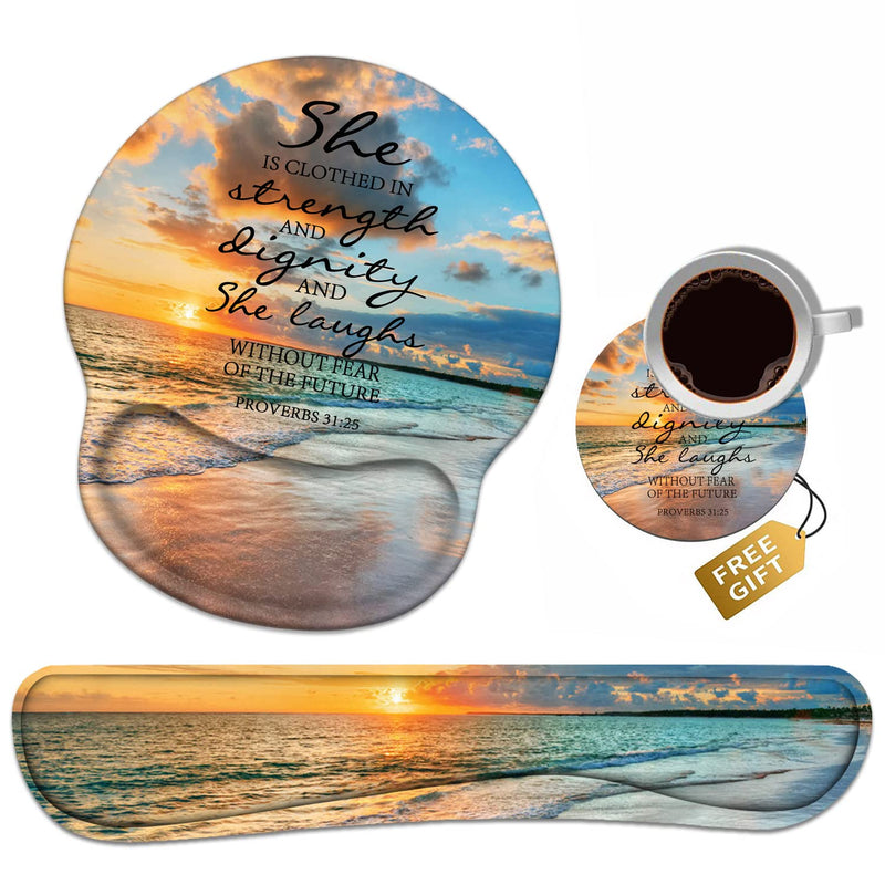 [Australia - AusPower] - Keyboard Wrist Rest + Mouse Pad Wrist Support Set with Coasters, Non-Slip PU Base Ergonomic Mousepad for Home Office Working Studying Easy Typing & Pain Relief, Bible Verses Proverbs 31:25 
