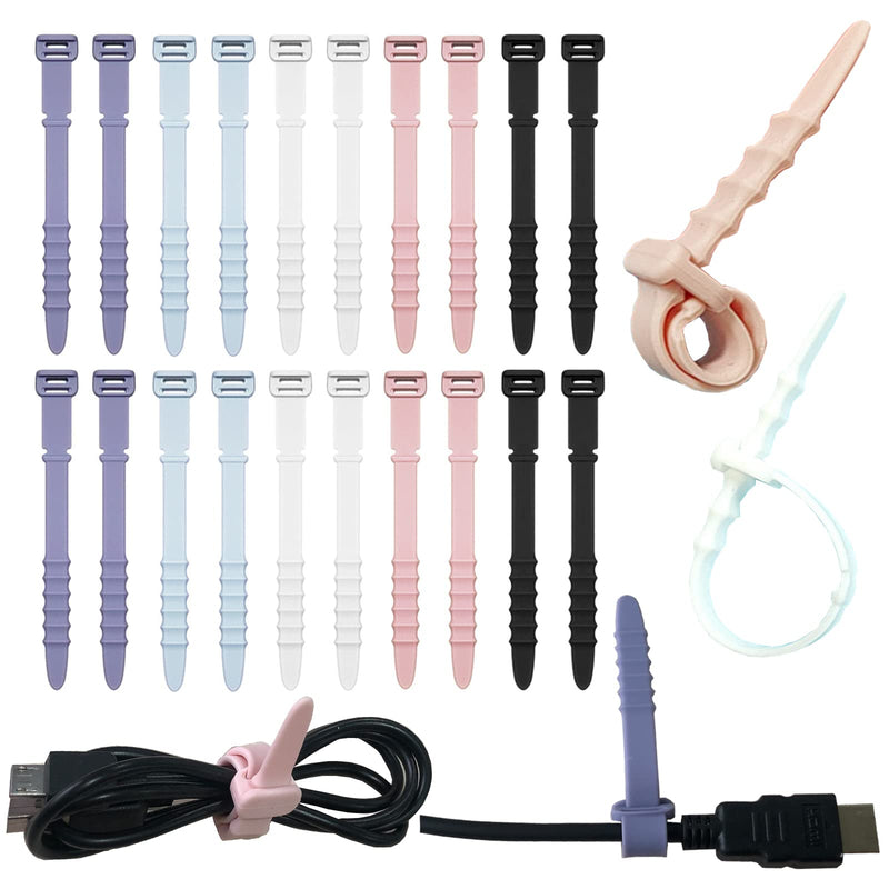 [Australia - AusPower] - Silicone Zip Ties, Reusable Zip Ties, 20pcs Rubber Cable Ties Straps for Wire Management, Elastic Cable Organizer for Home Office Table Desk. 4.5 Cord Ties in White, Black, Pink, Purple and Blue 