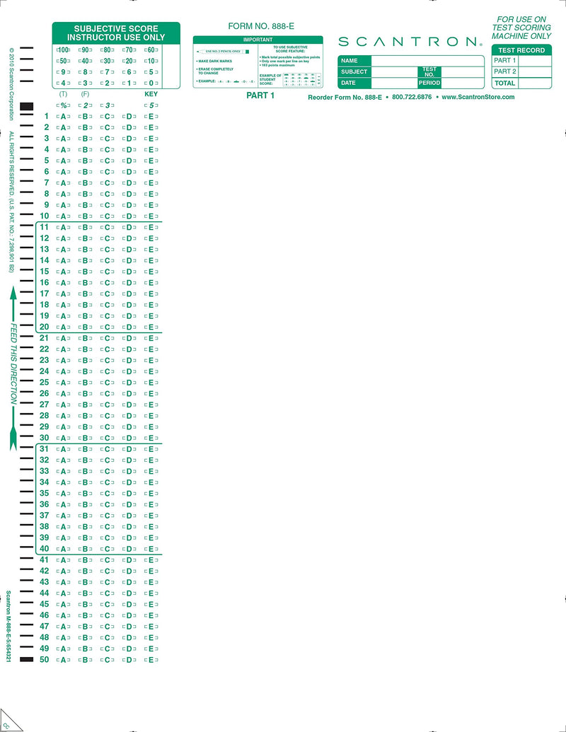 [Australia - AusPower] - Official SCANTRON Brand 888-E Answer Sheet (50 Pack) 