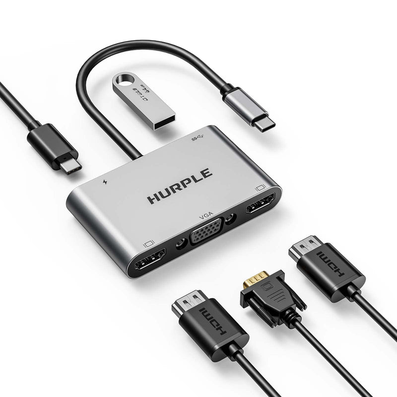 [Australia - AusPower] - USB C Hub, 5 in 1 Dual HDMI Adapter, Docking Station Dual Monitor with 2*HDMI 4K, VGA, USB 3.0, 100W PD, Hurple Dual Monitor Adapter for MacBook Pro Air, ChromeBook and More, Compact Design 