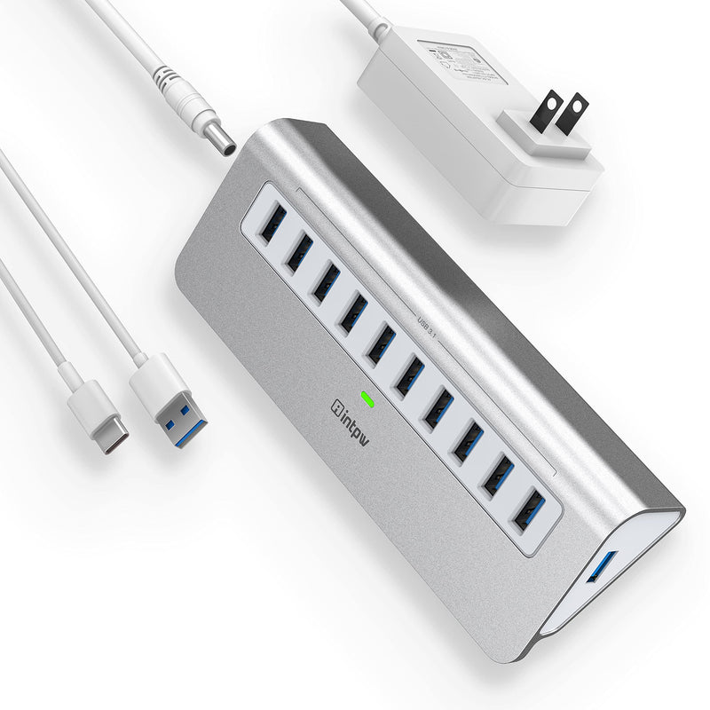 [Australia - AusPower] - Powered USB Hub, intpw 10 Port USB 3.1 Hub with 10Gbps Data Transfer, 30W(12V/2.5A) Power Adapter, USB Type A and Type C Cable, Aluminum USB Splitter for Laptop, MacBook and Desktop Computer 