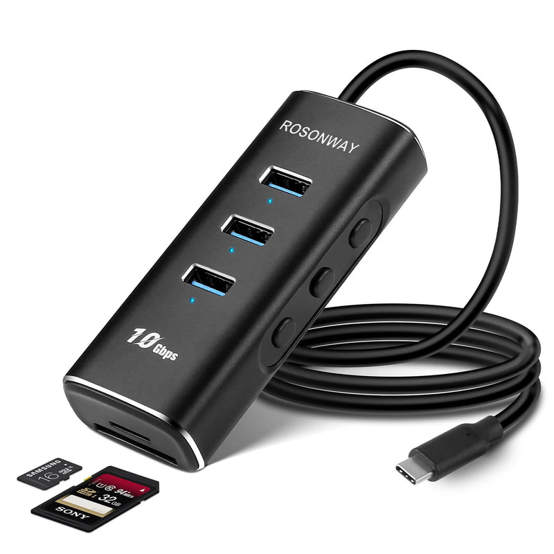 [Australia - AusPower] - Rosonway 5 in 1 USB C Hub with 3 USB 3.2 10Gbps Data Ports, SD/TF Card Readers, 2ft Cable and Individual Switches, for PC, Laptops, M1 Mac Mini, iMac, MacBook Pro/Air, RSH-A104D 