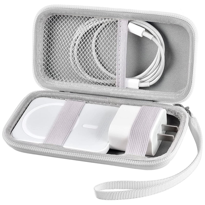 [Australia - AusPower] - Case Compatible with Apple MagSafe Charger Battery Pack, Holder for Mag Safe Magnetic Power Bank for iPhone 12, Storage with Strap & Mesh Pocket for USB Power Adapter and Cable- White (Case Only) 