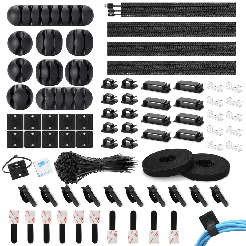 [Australia - AusPower] - 173 Pcs Cable Management Organizer Kit, include 4 Cable Sleeve Split with 47 Self Adhesive Cable Clips Holder, 10 Cable Ties, 10 Adhesive Wall cable Tie, 100 Fasten Cable Ties, 2 x Roll Cable Ties 