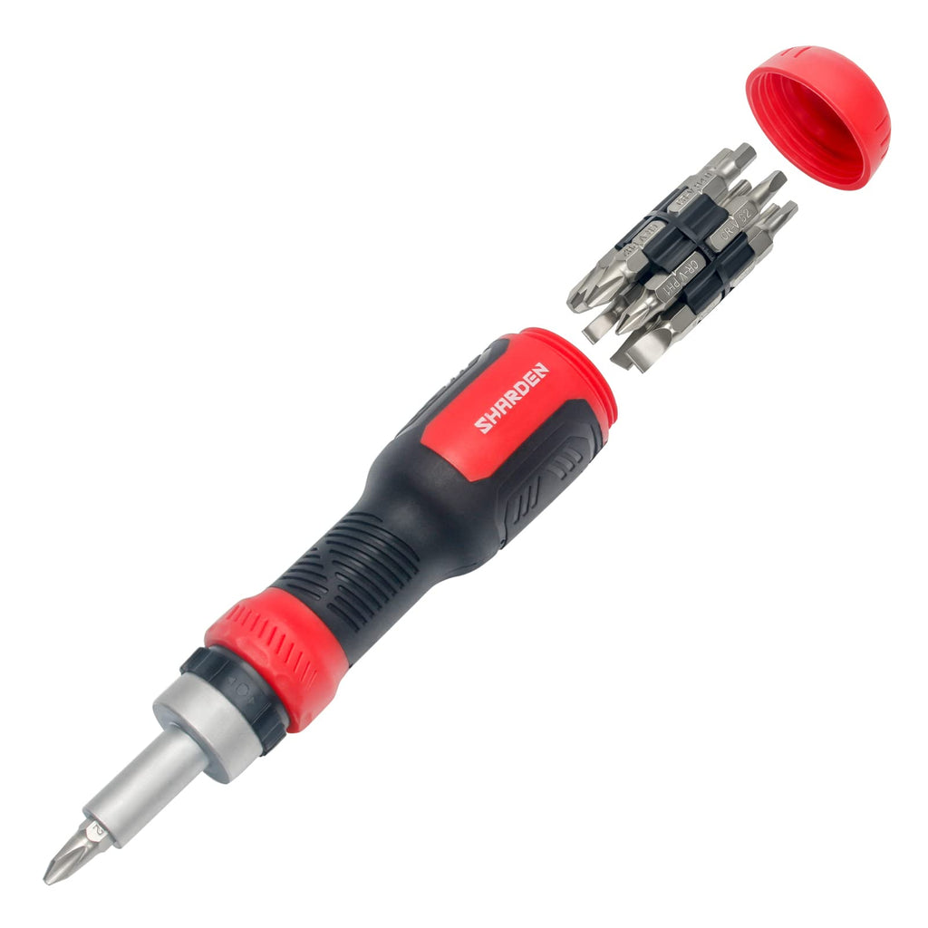 [Australia - AusPower] - SHARDEN Ratchet Screwdriver 13-in-1 Ratcheting Screwdriver Set Multi Screwdriver Tool All in One with Torx Security, Flat Head, Phillips, Hex, Square and 1/4 Nut Driver Multibit Ratcheting Red 