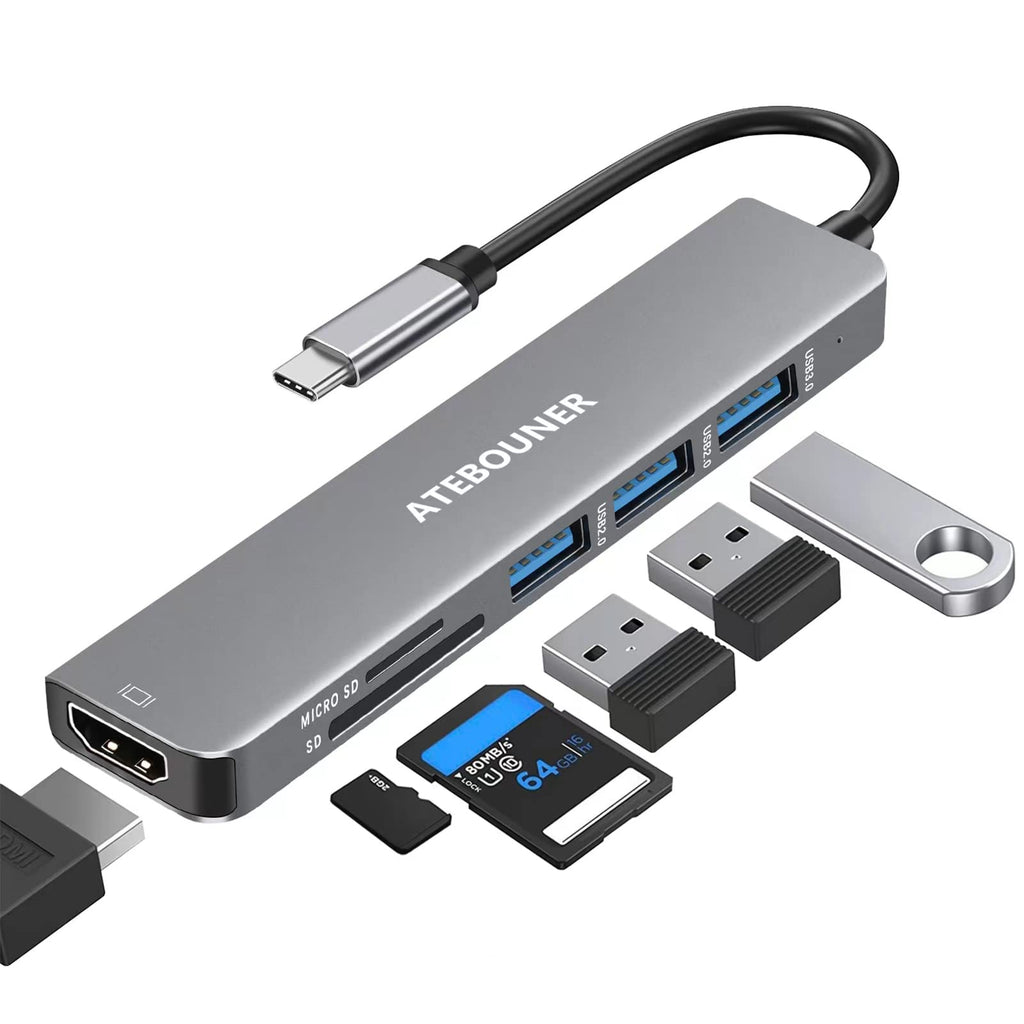 [Australia - AusPower] - ATEBOUNER USB C to HDMI, USB C Hub, 6-in-1 USB C Dongle Multiport Adapter with 4K HDMI, 1 USB 3.0/2 USB 2.0 and Micro SD/SD Card Reader, for MacBook Air,MacBook Pro, XPS, and More 