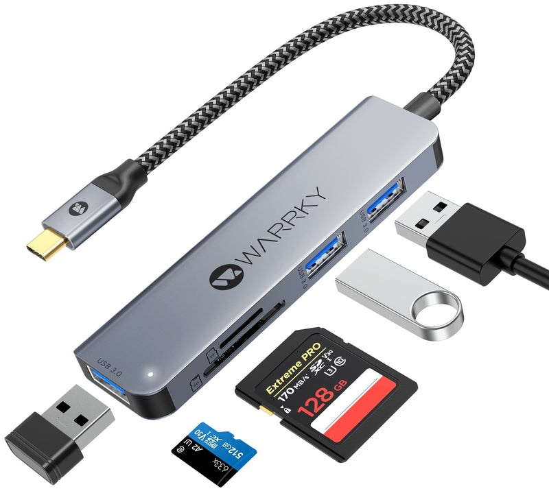 [Australia - AusPower] - USB C to SD Card Reader 5 in 1 with 3 USB 3.0 Ports, [Aluminum Case, Nylon Cable] WARRKY Type C to SD Micro SD Card Reader, Compatible with Android Phone, MacBook Pro/Air, Mac, iPad, Galaxy, Pixel 